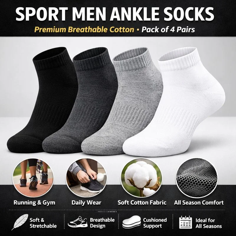 Sport men ankle socks premium breathable cotton soft stretch solid black grey white combo pack of 4 for running gym sports daily wear all season comfort fit image 1