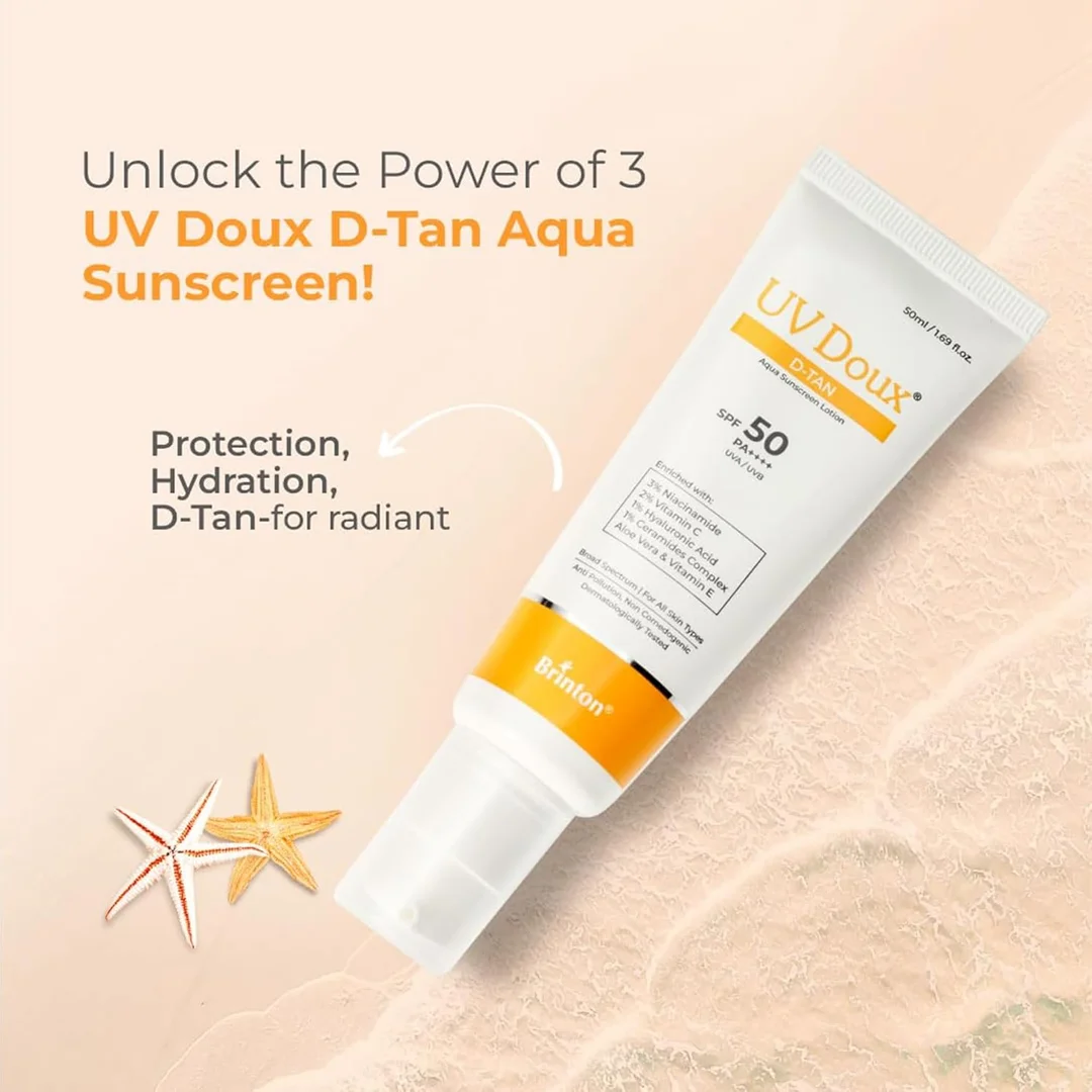 UV Doux D‑Tan Aqua Sunscreen Lotion SPF 50 PA++++ 50 ml – Broad Spectrum UV Protection, Niacinamide & Vitamin C, Hydrating Daily Sunscreen for Dry & Sensitive Skin image 2