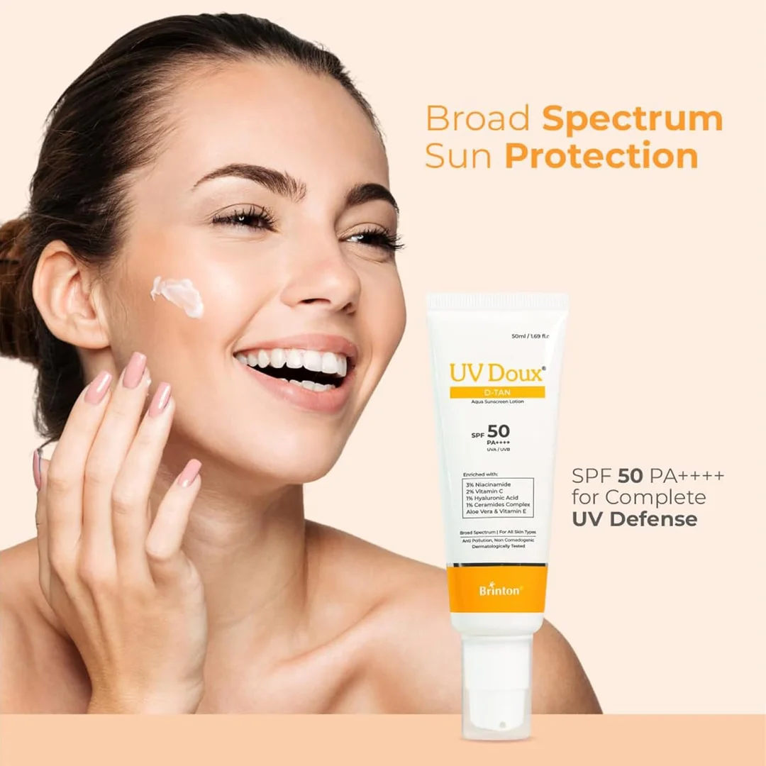 UV Doux D‑Tan Aqua Sunscreen Lotion SPF 50 PA++++ 50 ml – Broad Spectrum UV Protection, Niacinamide & Vitamin C, Hydrating Daily Sunscreen for Dry & Sensitive Skin image 3