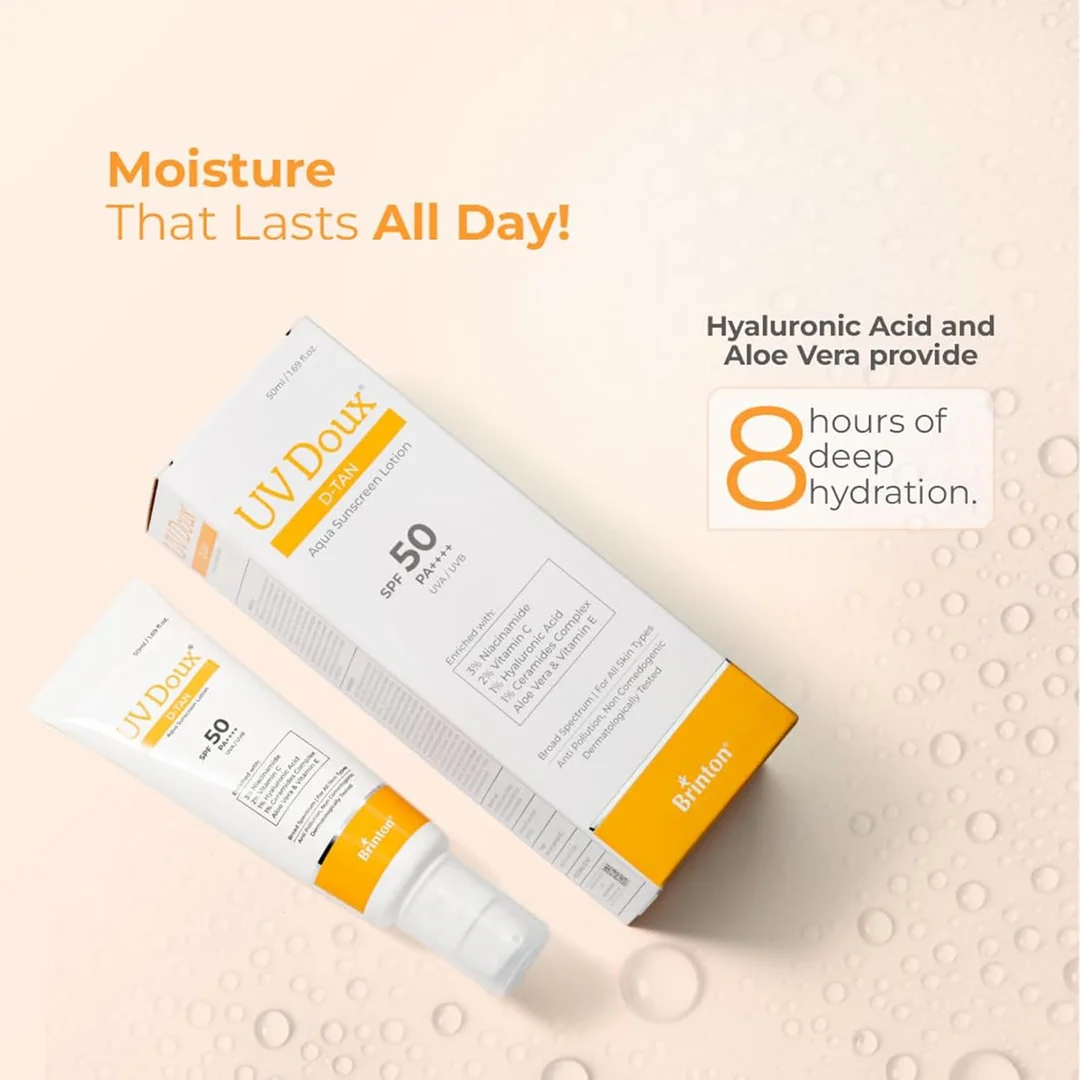 UV Doux D‑Tan Aqua Sunscreen Lotion SPF 50 PA++++ 50 ml – Broad Spectrum UV Protection, Niacinamide & Vitamin C, Hydrating Daily Sunscreen for Dry & Sensitive Skin image 4