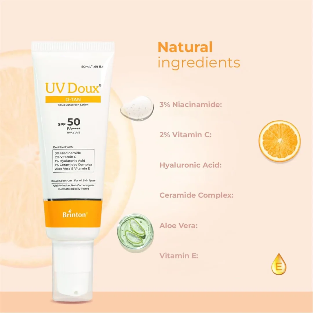 UV Doux D‑Tan Aqua Sunscreen Lotion SPF 50 PA++++ 50 ml – Broad Spectrum UV Protection, Niacinamide & Vitamin C, Hydrating Daily Sunscreen for Dry & Sensitive Skin image 6