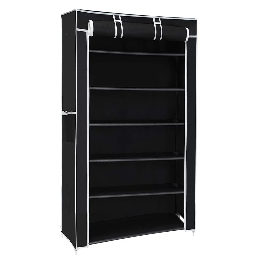 Shoe rack plastic with zip door cover & side pockets |multiuse storage rack for footwear, toys, clothes with dustproof cover | Black|6 shelves image 2