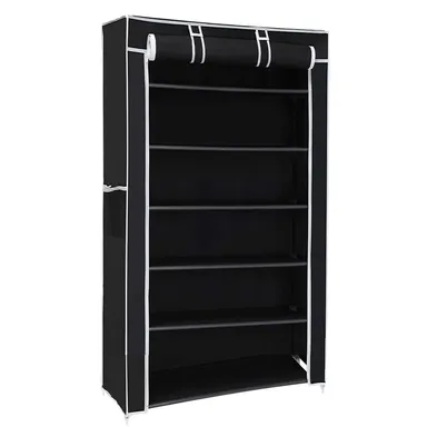 Shoe rack plastic with zip door cover & side pockets |multiuse storage rack for footwear, toys, clothes with dustproof cover | Black|6 shelves thumbnail 1
