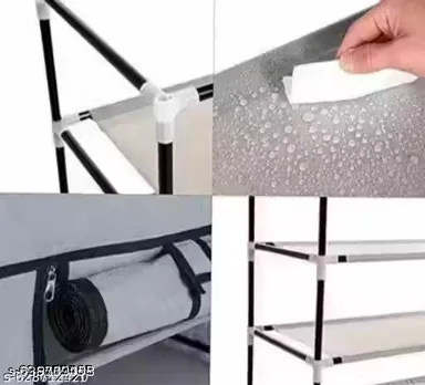Shoe rack plastic with zip door cover & side pockets |multiuse storage rack for footwear, toys, clothes with dustproof cover | Black|6 shelves thumbnail 3