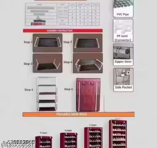 Shoe rack plastic with zip door cover & side pockets |multiuse storage rack for footwear, toys, clothes with dustproof cover | Black|6 shelves image 6