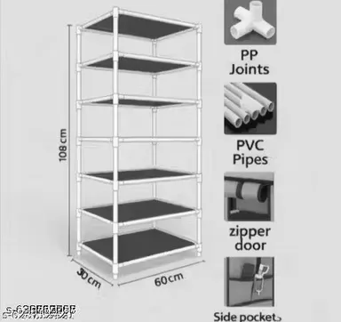 Shoe rack plastic with zip door cover & side pockets |multiuse storage rack for footwear, toys, clothes with dustproof cover | Black|6 shelves thumbnail 4