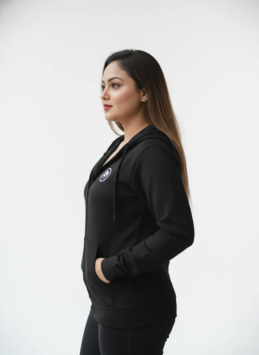 AzureM 100% Cotton Zipped Hoodie For Women (Black) image 3