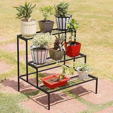 Metal 3 tier balcony and garden planter stand with heavy duty powder coated iron pot rack for outdoor indoor home garden and terrace plant display