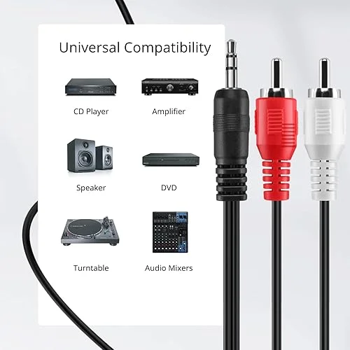 RCA to AUX Cable 3.5 mm m| Stereo Male to 2 RCA Male Audio Cable | High-Quality TV, DVD, Car | Amplifier Connector, DIY Audio Adapter Cable, 1 m / 2 m / 3 m Options image 2