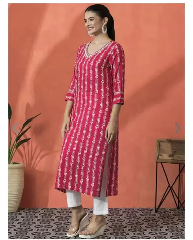 Women Embroidered Viscose Rayon Straight Kurta  thumbnail 0