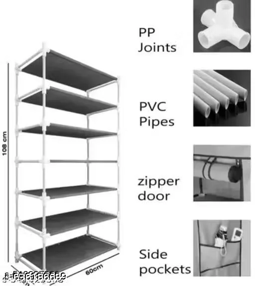Shoe rack plastic with zip door cover & side pockets |multiuse storage rack for footwear, toys, clothes with dustproof cover | Blue |6 shelves image 3