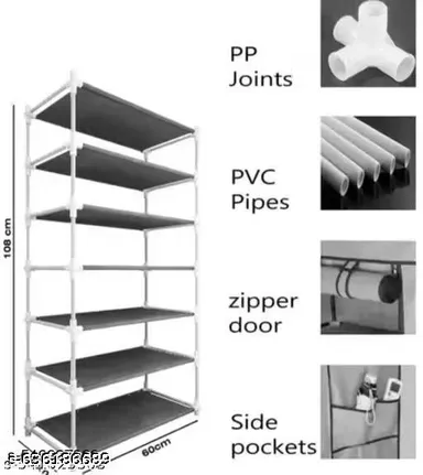 Shoe rack plastic with zip door cover & side pockets |multiuse storage rack for footwear, toys, clothes with dustproof cover | Blue |6 shelves thumbnail 2