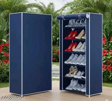 Shoe rack plastic with zip door cover & side pockets |multiuse storage rack for footwear, toys, clothes with dustproof cover | Blue |6 shelves image 1