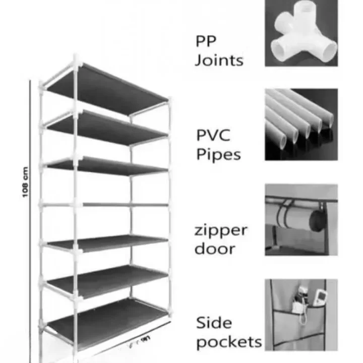 Shoe Rack Plastic with Zip Door Cover & Side Pockets | Multiuse 6-Shelf Storage Rack for Footwear, Toys, Clothes with Dustproof Cover, Black image 2