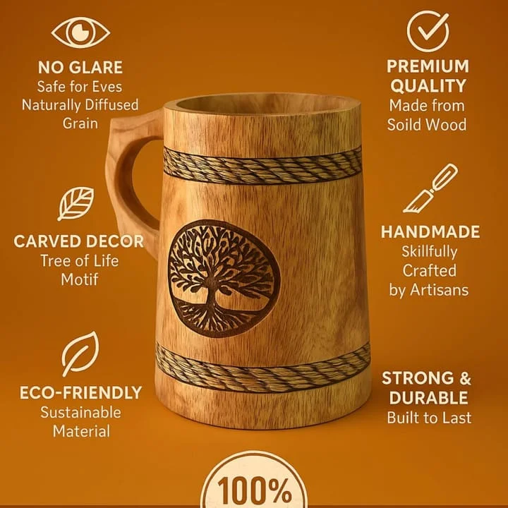 Mango Wood Beer Mug 500 ML | Handcrafted Rustic Wooden Drinking Tankard for Beer| Cold Drinks & Cocktails| Eco Friendly Natural Wood Mug for Home Bar, Gifts, Partie image 1