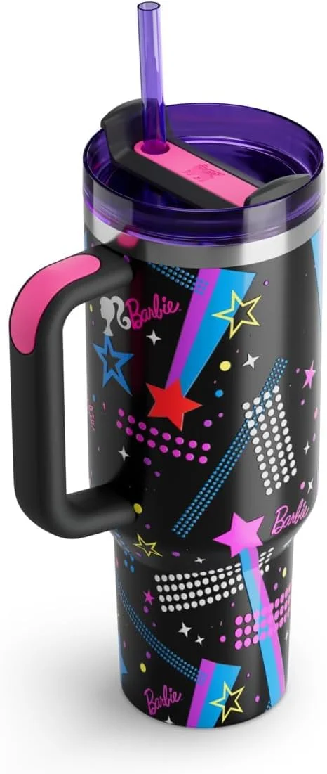 VRAJDHAM Barbie Rockers Stainless Steel Vacuum Insulated Tumbler with Handle | Lid, Star Pattern, Leak-Proof, Hot | Cold Beverage Safe, 350ml / 500ml, Black image 1