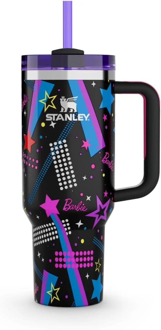 VRAJDHAM Barbie Rockers Stainless Steel Vacuum Insulated Tumbler with Handle | Lid, Star Pattern, Leak-Proof, Hot | Cold Beverage Safe, 350ml / 500ml, Black image 2