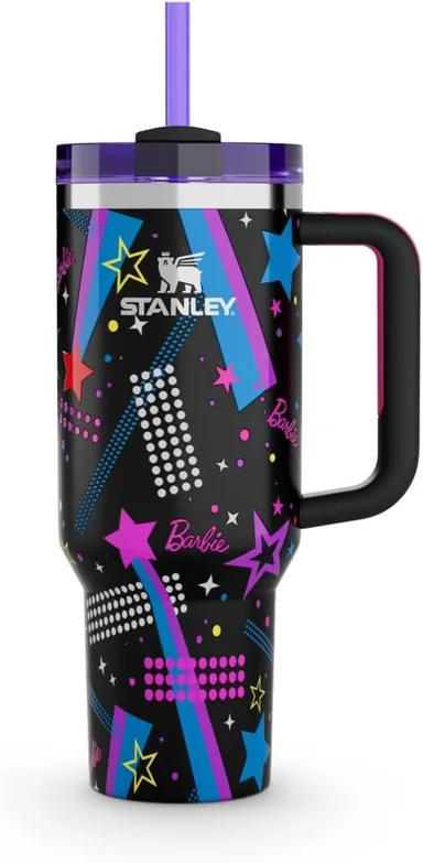 VRAJDHAM Barbie Rockers Stainless Steel Vacuum Insulated Tumbler with Handle | Lid, Star Pattern, Leak-Proof, Hot | Cold Beverage Safe, 350ml / 500ml, Black thumbnail 1