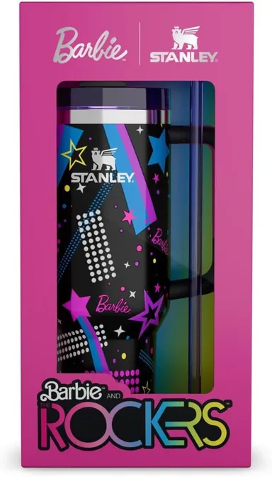 VRAJDHAM Barbie Rockers Stainless Steel Vacuum Insulated Tumbler with Handle | Lid, Star Pattern, Leak-Proof, Hot | Cold Beverage Safe, 350ml / 500ml, Black thumbnail 2