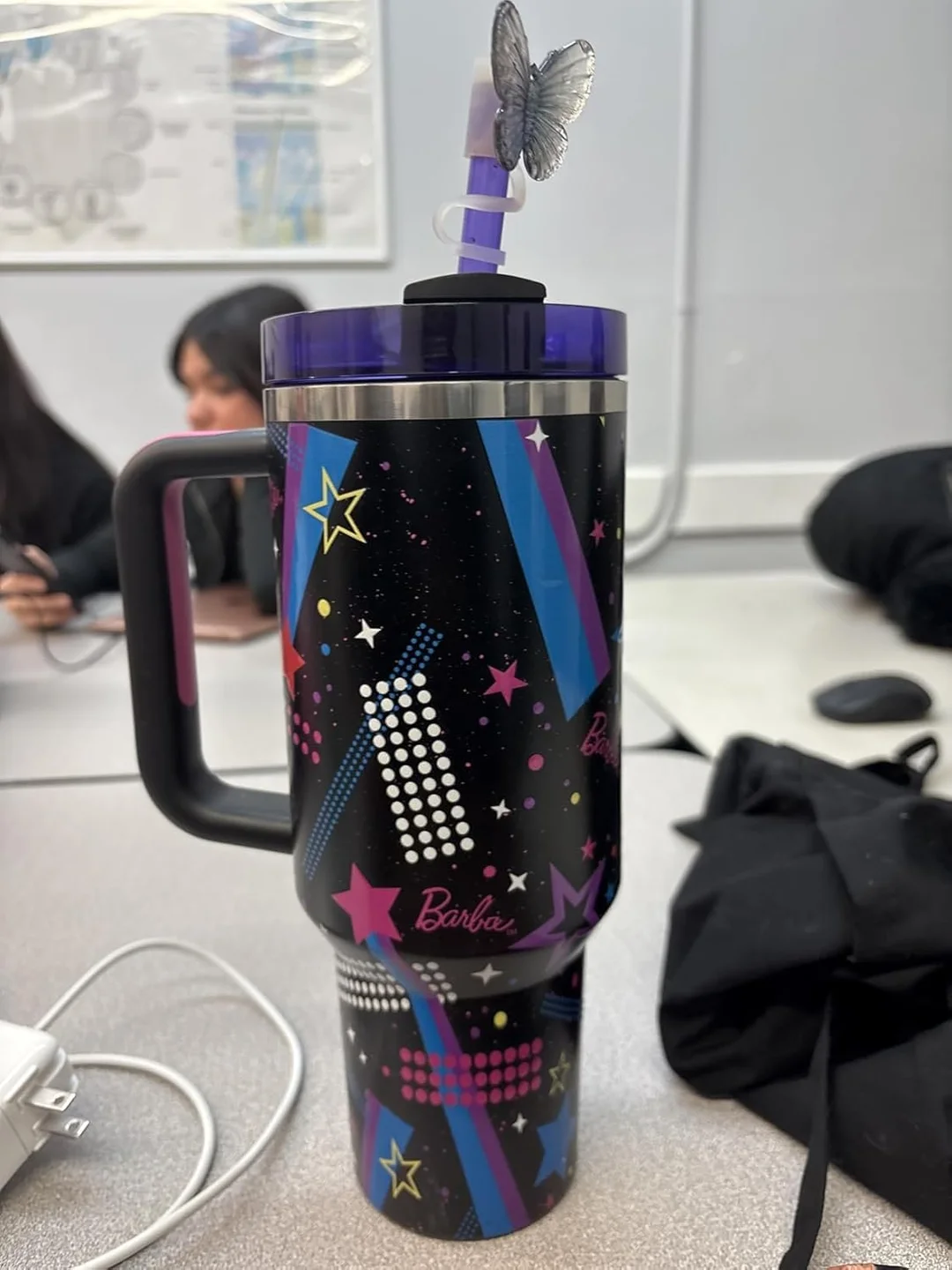 VRAJDHAM Barbie Rockers Stainless Steel Vacuum Insulated Tumbler with Handle | Lid, Star Pattern, Leak-Proof, Hot | Cold Beverage Safe, 350ml / 500ml, Black image 4