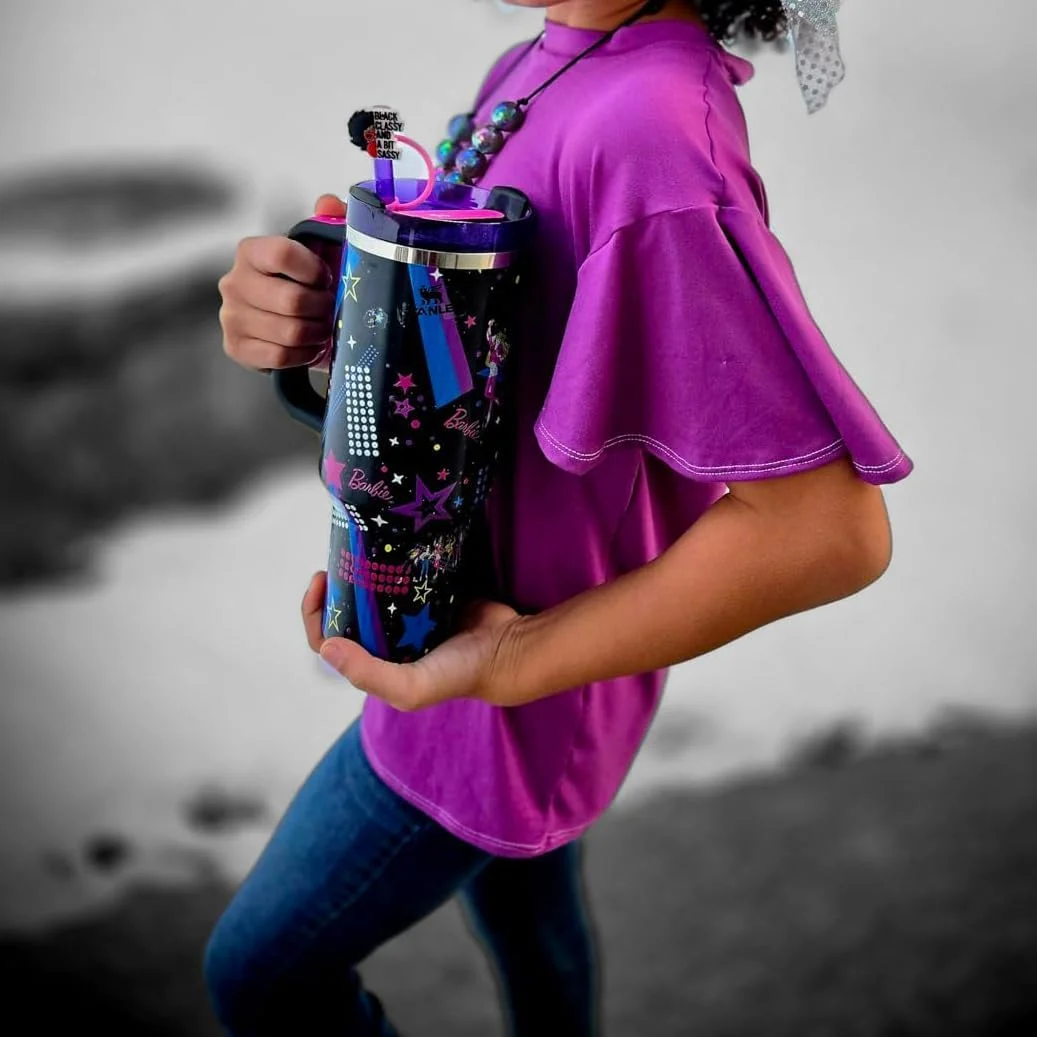 VRAJDHAM Barbie Rockers Stainless Steel Vacuum Insulated Tumbler with Handle | Lid, Star Pattern, Leak-Proof, Hot | Cold Beverage Safe, 350ml / 500ml, Black image 6
