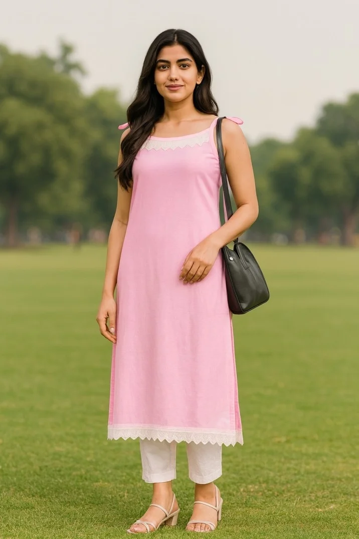 Women Solid Pink Lace Detailing Spaghetti Strap Kurti image 1