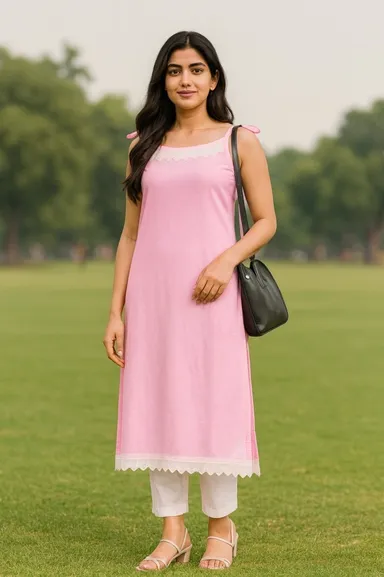 Women Solid Pink Lace Detailing Spaghetti Strap Kurti  thumbnail 0