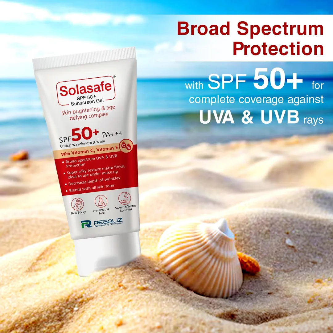 Regaliz Solasafe Sunscreen Gel SPF 50+ Broad Spectrum UVA UVB Water-Resistant Lightweight Non-Greasy Matte Finish for All Skin Types Daily Use Anti-Ageing Sun Protection image 5