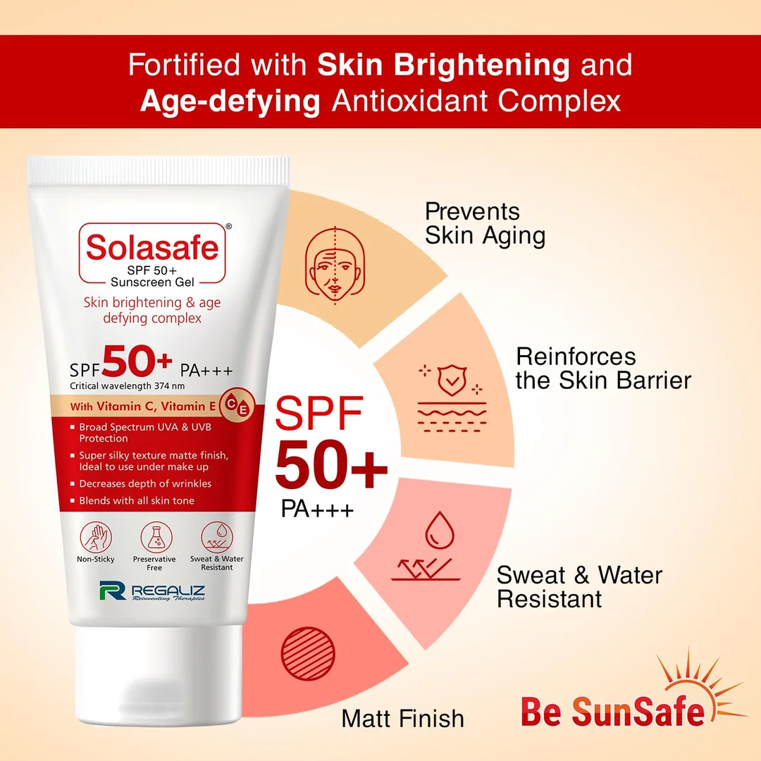 Regaliz Solasafe Sunscreen Gel SPF 50+ Broad Spectrum UVA UVB Water-Resistant Lightweight Non-Greasy Matte Finish for All Skin Types Daily Use Anti-Ageing Sun Protection image 6