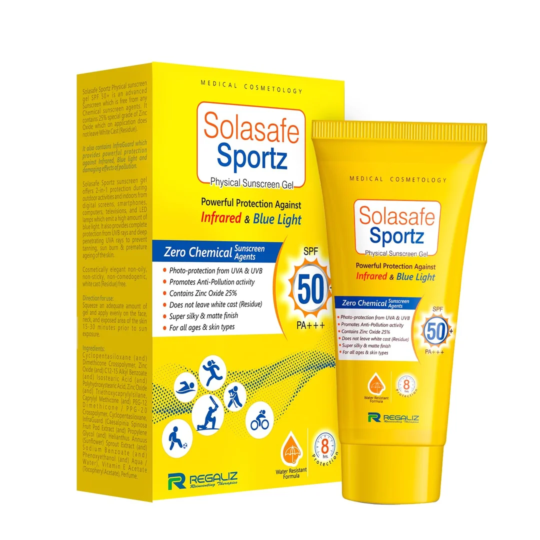 Regaliz Solasafe Sportz Physical Sunscreen Gel SPF 50+ 50 g | Zinc Oxide Mineral Gel, Water-Resistant, Non-Greasy Matte Finish, UV IR Blue Light Pollution Protection for All Skin Types image 1