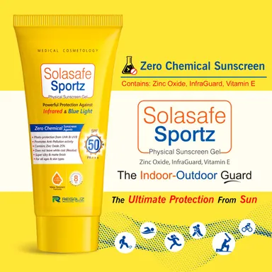 Regaliz Solasafe Sportz Physical Sunscreen Gel SPF 50+ 50 g | Zinc Oxide Mineral Gel, Water-Resistant, Non-Greasy Matte Finish, UV IR Blue Light Pollution Protection for All Skin Types thumbnail 1
