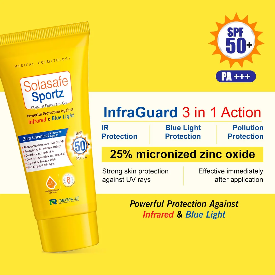 Regaliz Solasafe Sportz Physical Sunscreen Gel SPF 50+ 50 g | Zinc Oxide Mineral Gel, Water-Resistant, Non-Greasy Matte Finish, UV IR Blue Light Pollution Protection for All Skin Types image 3