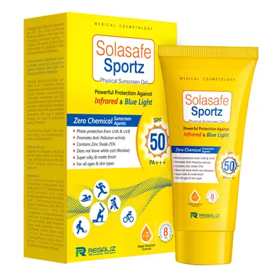 Regaliz Solasafe Sportz Physical Sunscreen Gel SPF 50+ 50 g | Zinc Oxide Mineral Gel, Water-Resistant, Non-Greasy Matte Finish, UV IR Blue Light Pollution Protection for All Skin Types thumbnail 5