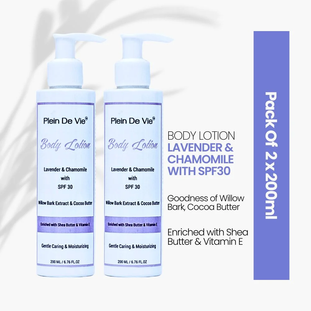 Plein De Vie Lavender |Chamomile Body Lotion SPF 30 Pack of 2 200ml x 2 Hydrating Moisturiser for Dry Skin Oily Skin Unisex Winter Lotion with Sun Protection Relaxing Aromatherapy |Deep Hydration image 1