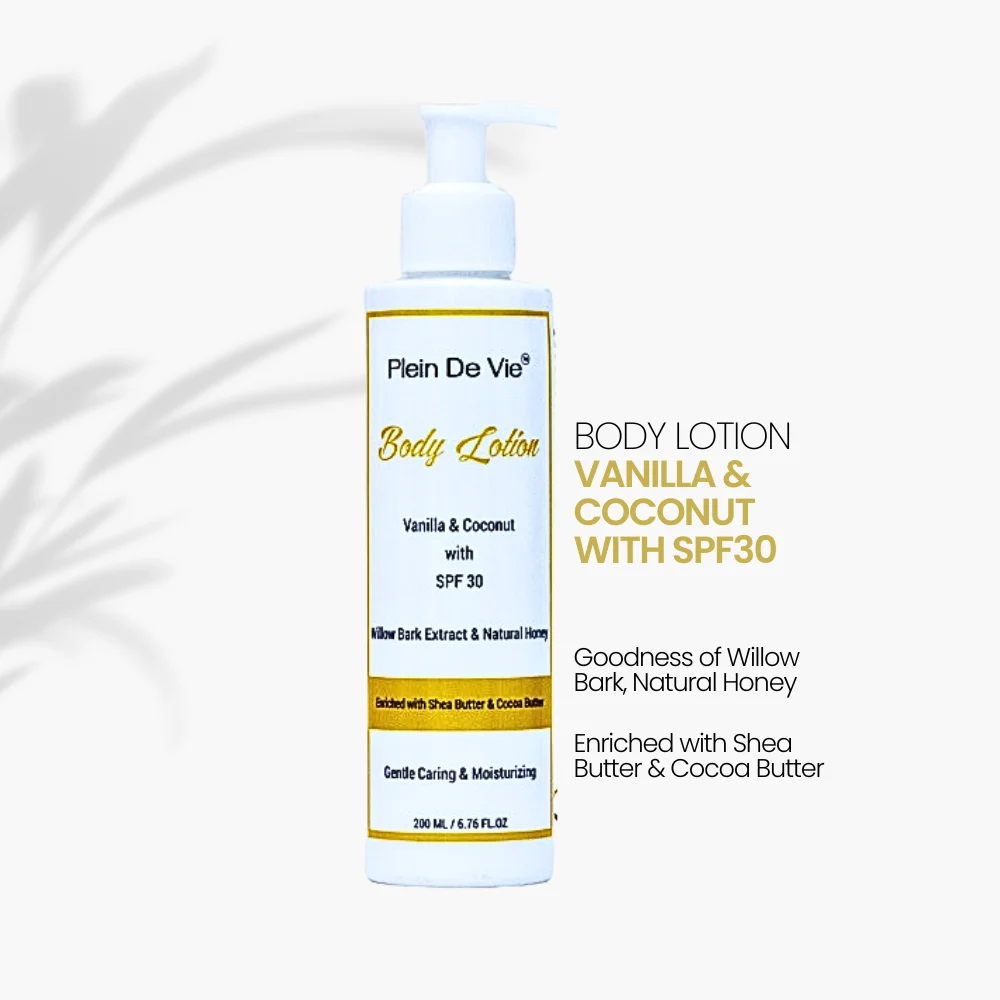Plein De Vie Body Lotion Combo Pack 2 x 200 ml Vanilla Coconut Moisturiser with SPF 30 Sun Protection for Dry and Oily Skin Acne Care Unisex Winter Skincare image 2
