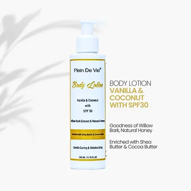 Plein De Vie Body Lotion Combo Pack 2 x 200 ml Vanilla Coconut Moisturiser with SPF 30 Sun Protection for Dry and Oily Skin Acne Care Unisex Winter Skincare thumbnail 1