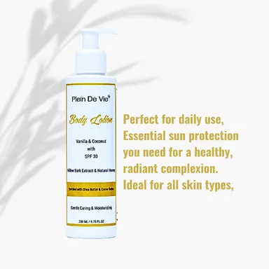 Plein De Vie Body Lotion Combo Pack 2 x 200 ml Vanilla Coconut Moisturiser with SPF 30 Sun Protection for Dry and Oily Skin Acne Care Unisex Winter Skincare thumbnail 2