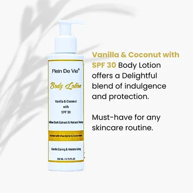 Plein De Vie Body Lotion Combo Pack 2 x 200 ml Vanilla Coconut Moisturiser with SPF 30 Sun Protection for Dry and Oily Skin Acne Care Unisex Winter Skincare thumbnail 3