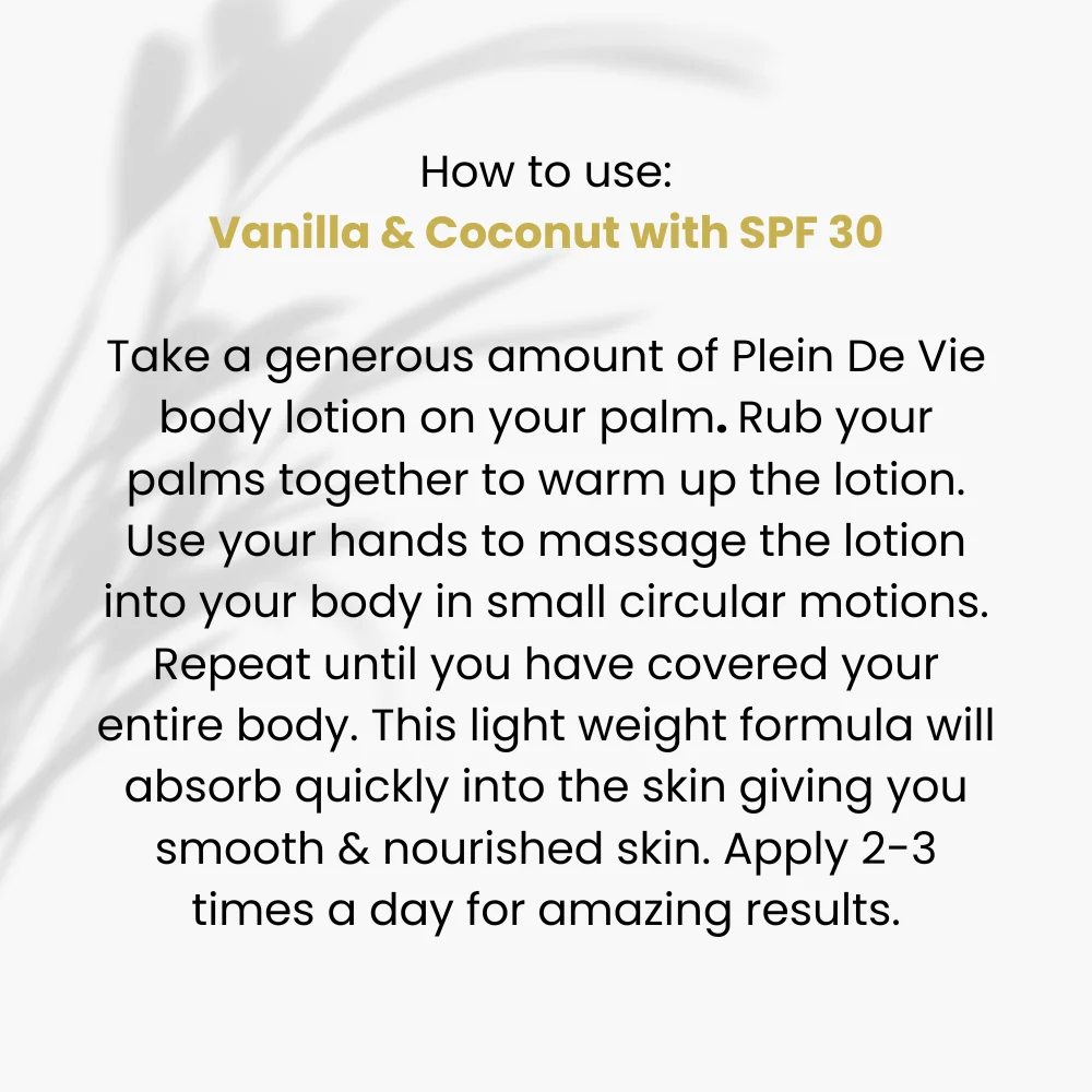 Plein De Vie Body Lotion Combo Pack 2 x 200 ml Vanilla Coconut Moisturiser with SPF 30 Sun Protection for Dry and Oily Skin Acne Care Unisex Winter Skincare image 5