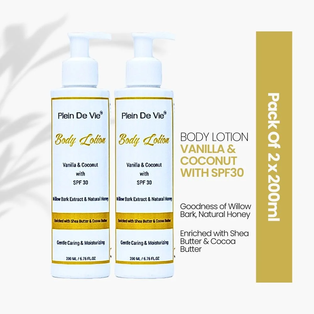Plein De Vie Body Lotion Combo Pack 2 x 200 ml Vanilla Coconut Moisturiser with SPF 30 Sun Protection for Dry and Oily Skin Acne Care Unisex Winter Skincare image 1