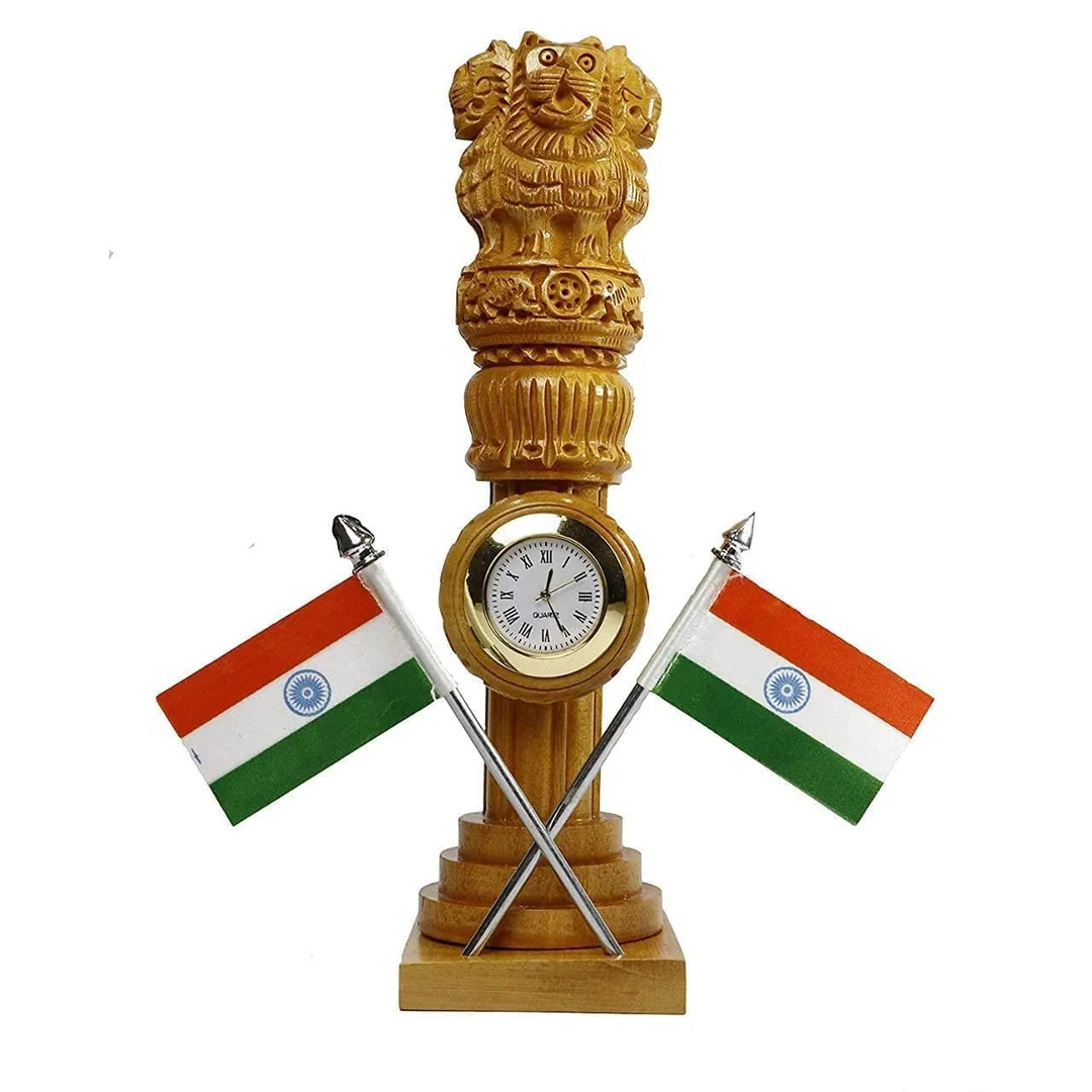 Handcrafted Multipurpose Wooden Pen Stand with Ashoka Pillar & Indian Flag | Desk Organizer for Office & Study Table | Perfect Showpiece image 1