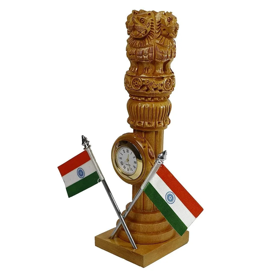 Handcrafted Multipurpose Wooden Pen Stand with Ashoka Pillar & Indian Flag | Desk Organizer for Office & Study Table | Perfect Showpiece image 2