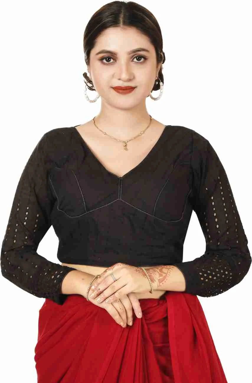 Full Sleeve Black V Neck Cotton Blouse for Saree Women Solid Pattern Stretchable Alterable Comfortable Daily Wear | Party Wear Blouse image 1