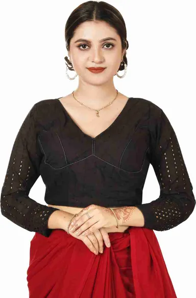 Full Sleeve Black V Neck Cotton Blouse for Saree Women Solid Pattern Stretchable Alterable Comfortable Daily Wear | Party Wear Blouse thumbnail 0