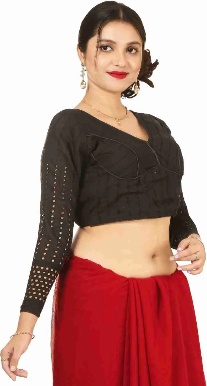 Full Sleeve Black V Neck Cotton Blouse for Saree Women Solid Pattern Stretchable Alterable Comfortable Daily Wear | Party Wear Blouse image 3