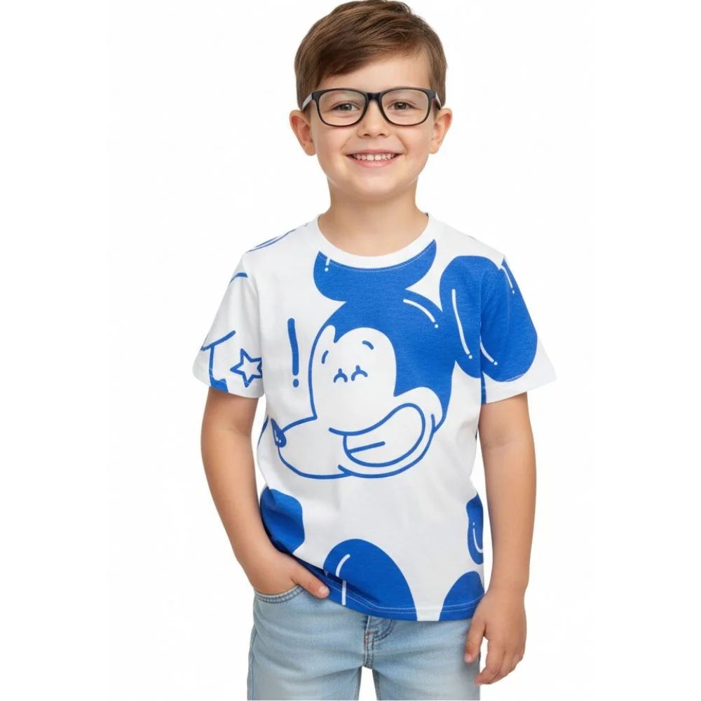 Boys Cotton Cartoon Printed T Shirt for Kids White and Blue 5 to 6 Years Soft Breathable Daily Wear Casual Tee for School Outing Playtime Summer Clothing image 1