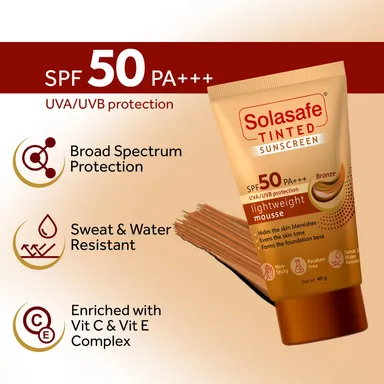 Solasafe Tinted Bronze Sunscreen SPF 50 Broad Spectrum UVA/UVB Lightweight Tinted Face Cream — Daily Use Skin Tone Corrector & Water-resistant Sun Protection thumbnail 2