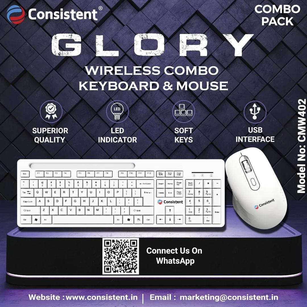 Consistent Glory CMW402 Wireless Keyboard & Mouse Combo 2.4 GHz USB Receiver | 10m Range Adjustable DPI | 12 Shortcut Keys White for PC Laptop image 2