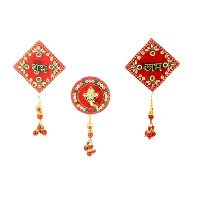 Traditional Shubh Labh Ganesh Wall Hanging Set | 3 Piece Decorative Toran for Entrance, Temple & Festival Decor