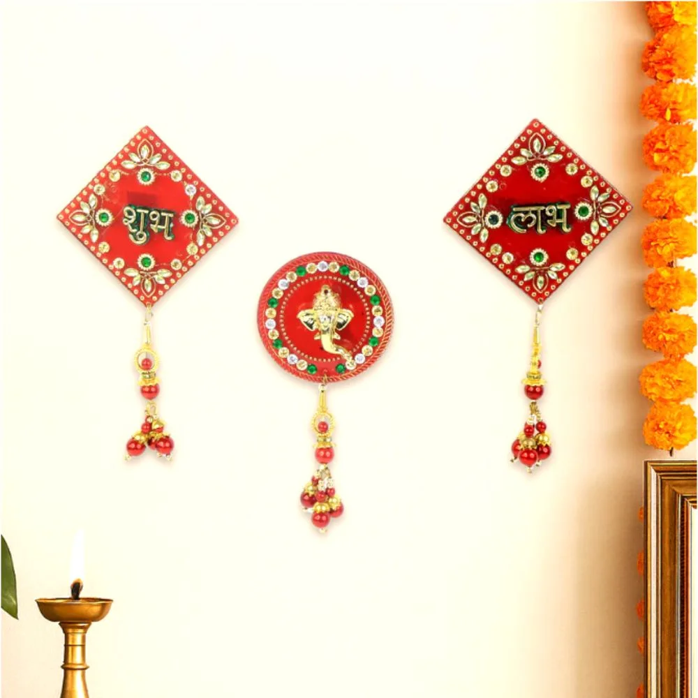 Traditional Shubh Labh Ganesh Wall Hanging Set | 3 Piece Decorative Toran for Entrance, Temple & Festival Decor image 5